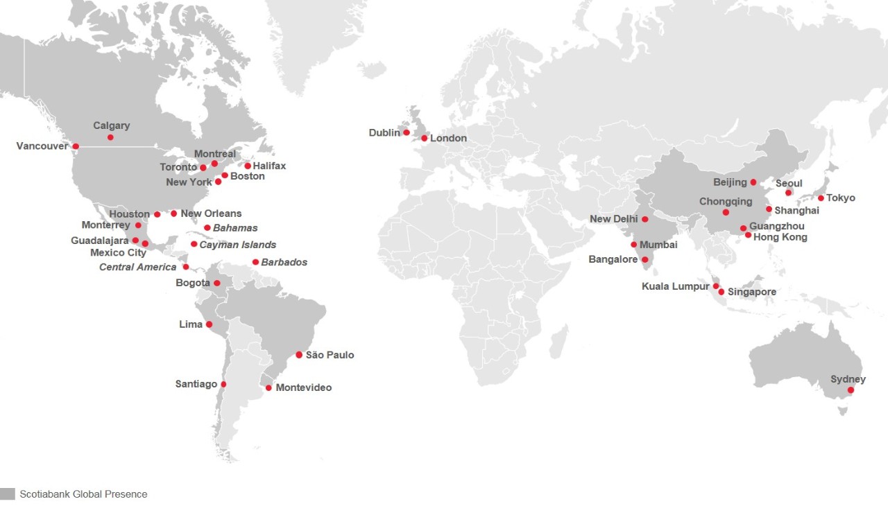 A map portraying Scotiabank's global presence